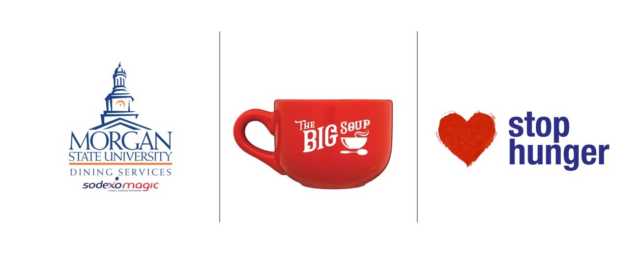 Logos for Morgan State University Dining Services, The Big Soup in a red mug, and "Stop Hunger" with a heart symbol
