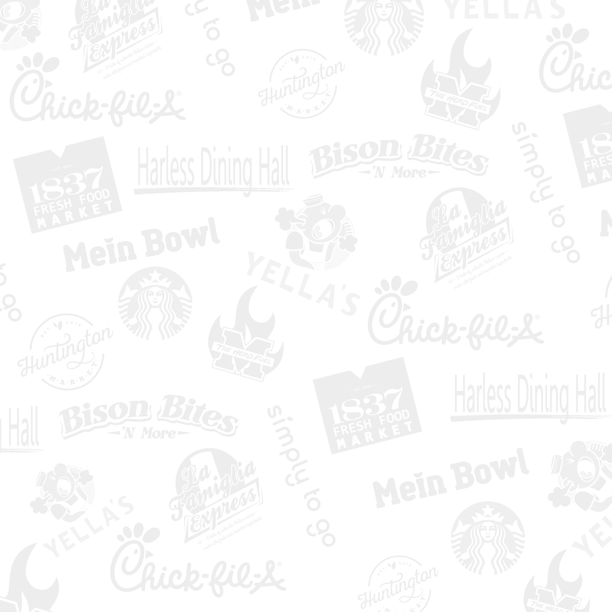 The various dining logos at Marshall Dining scattered about on a white background.
