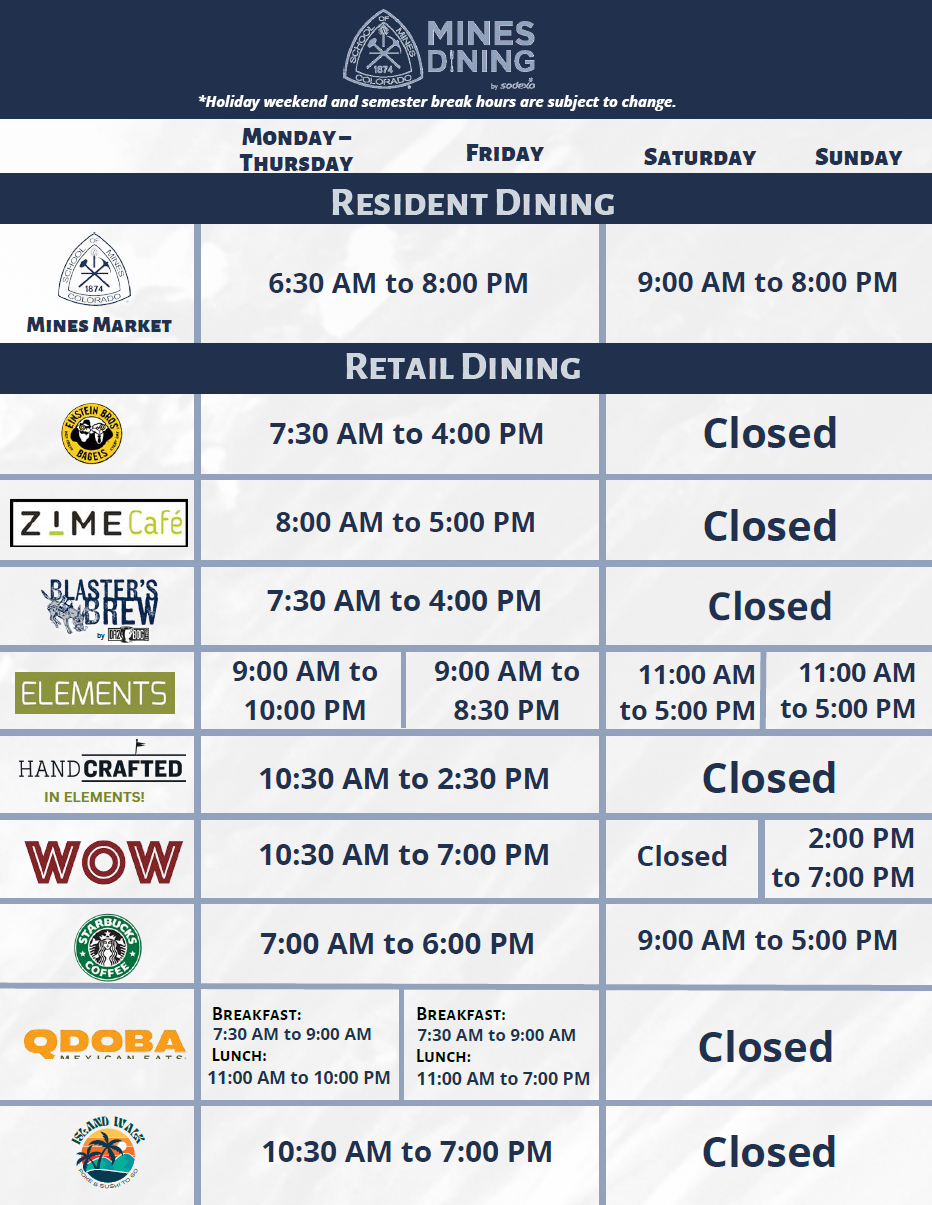 Regular Dining Hours listing